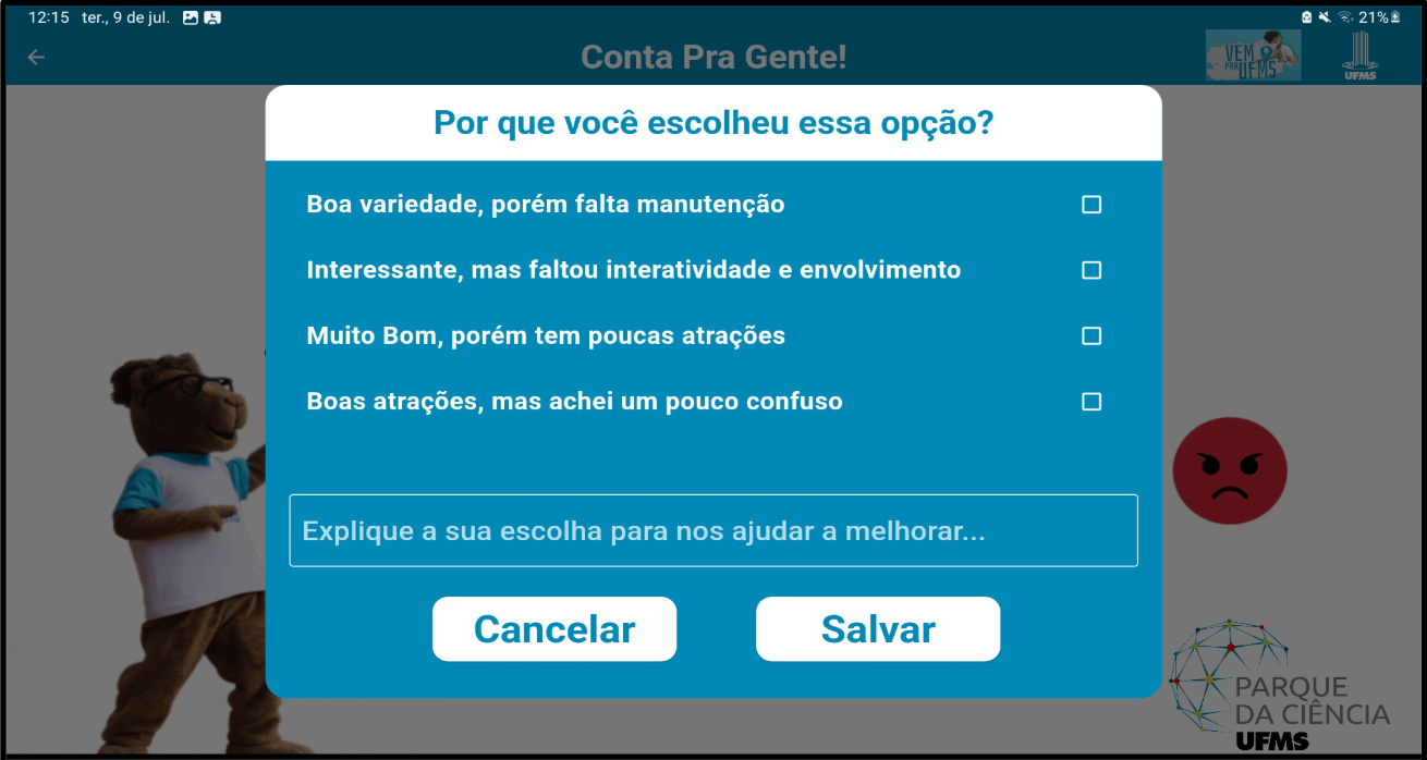Tela de justificativa da avaliação