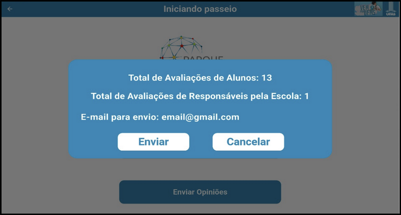 Tela de confirmação de envio do App do Parque da Ciência