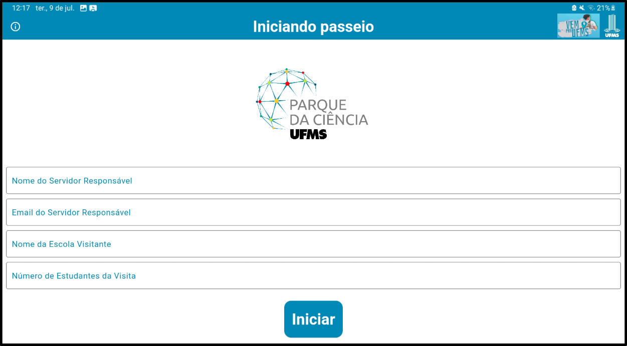 Tela de login do App do Parque da Ciência